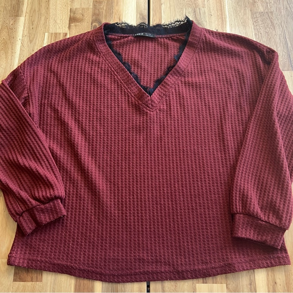 SHEIN Maroon Knit Top with Black Lace Detail